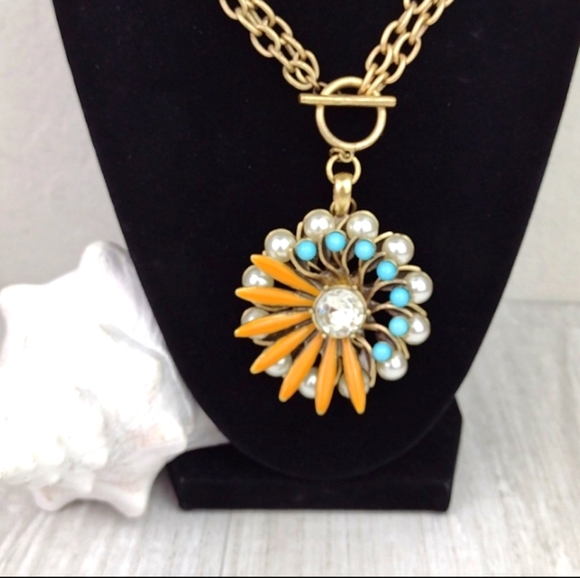 Cookie Lee Faux Pearl Turquoise & Coral Flower Pendant Choker Necklace - Picture 3 of 15
